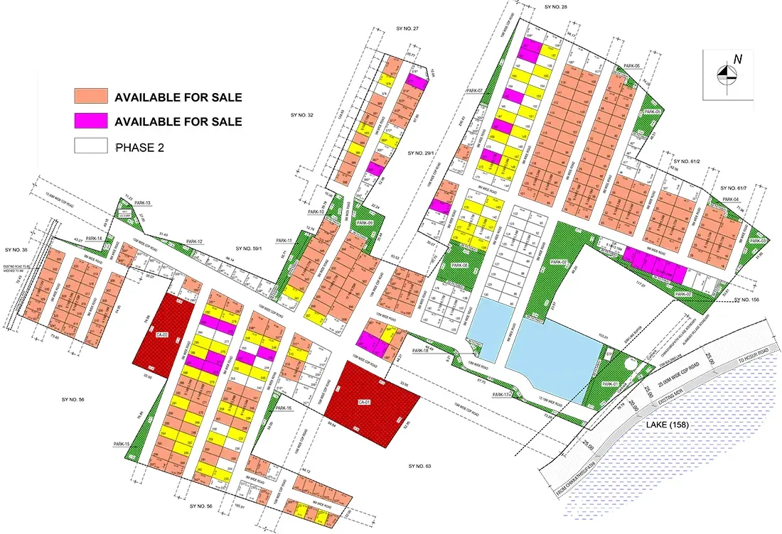 Sobha Sacred Grove by the Lake master plan diagram showing 388 plots, the Miyawaki forest, clubhouse and amenity core within a 26-acre gated layout